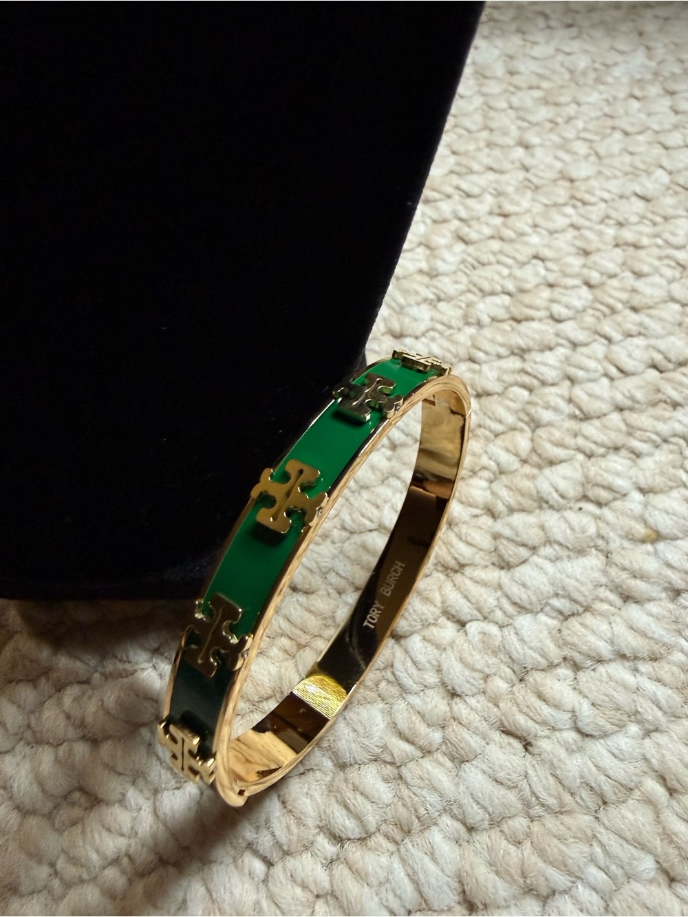 Fashion Jewelry Gold-Tone Bangle with Green Enamel Accents